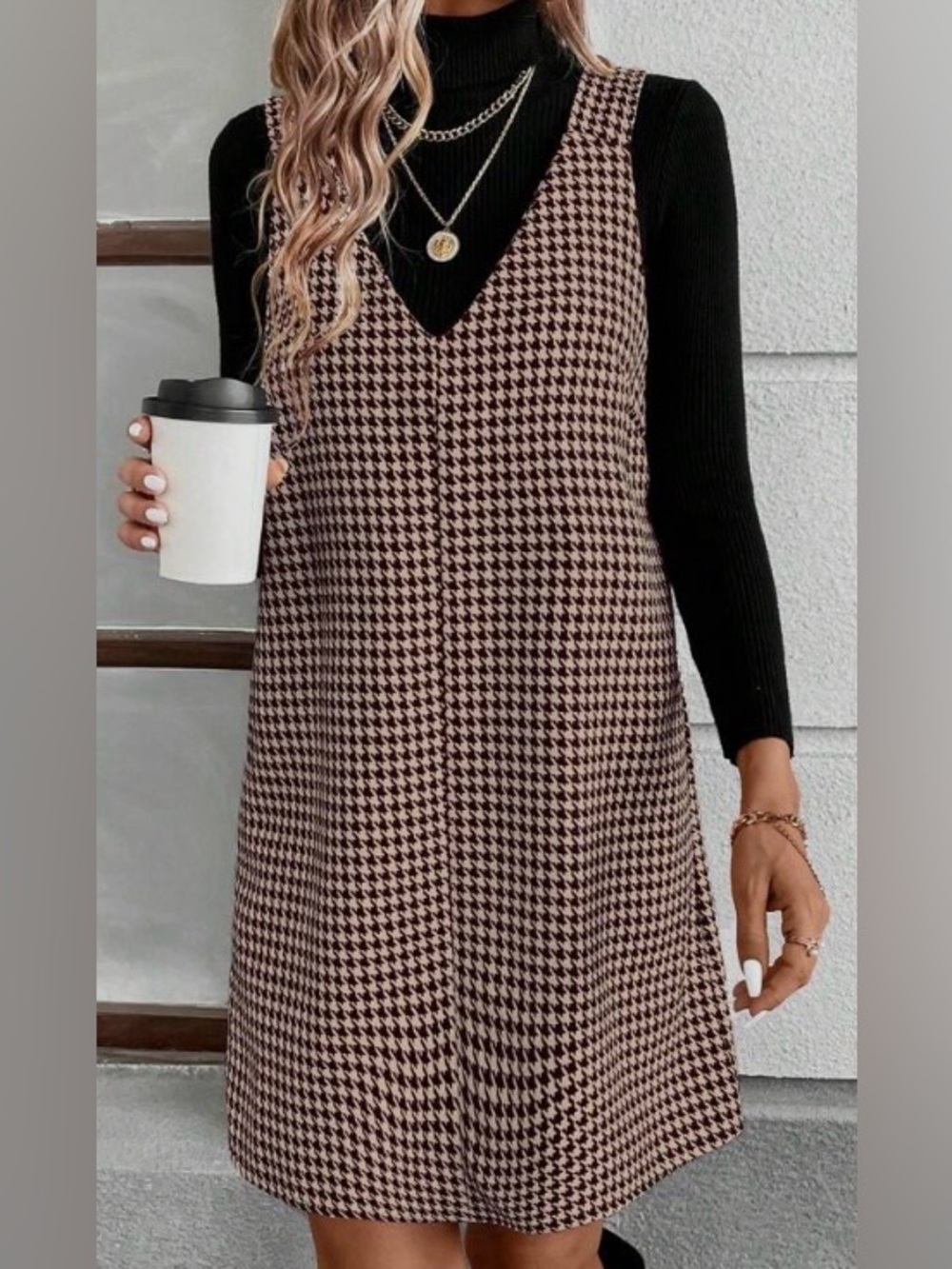 SHEIN, Tan and Black Overall Dress, Size 6